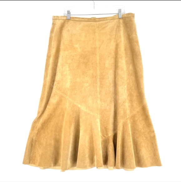 New Chico's Design Tan/Camel 100% Leather lined maxi fit and flare skirt Size 1 - Picture 1 of 2